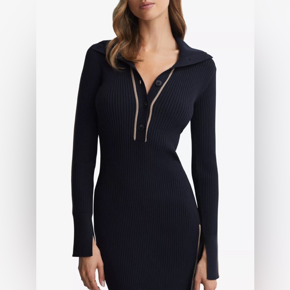 Reiss Navy Long Sleeve Ribbed Dress